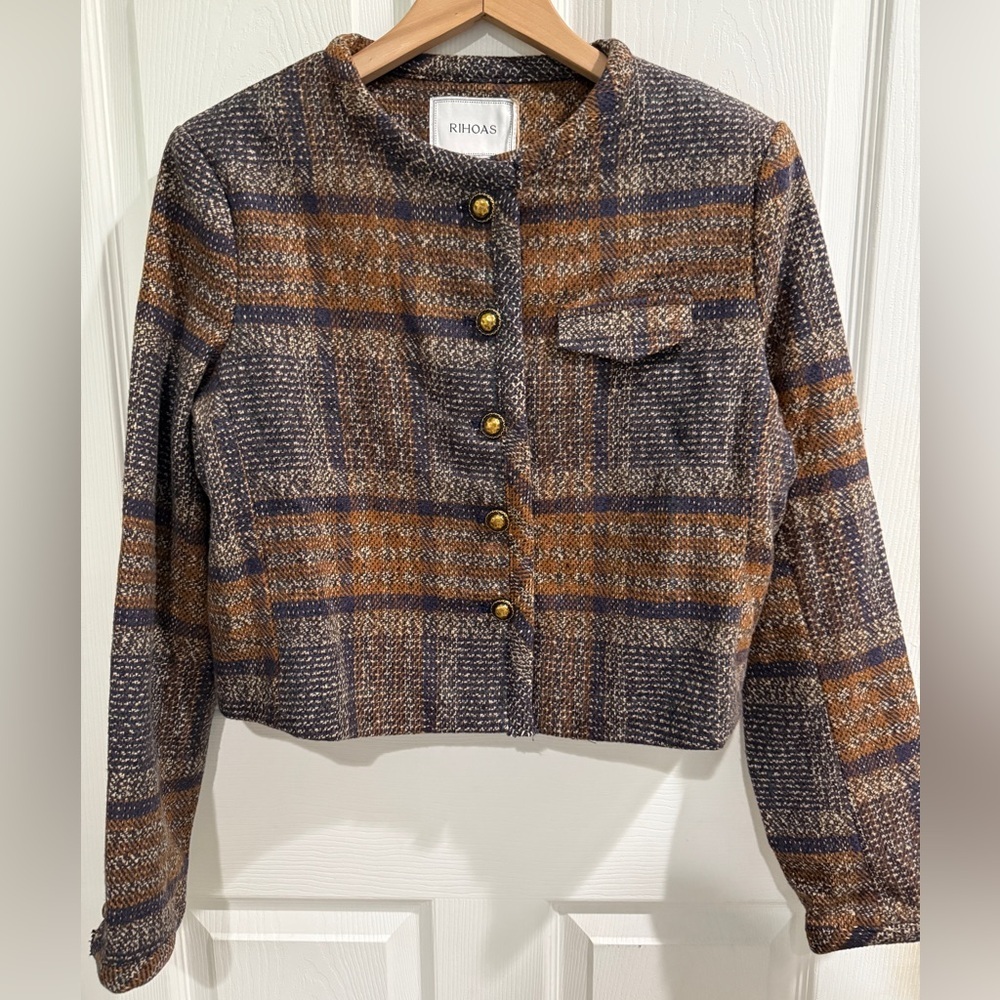 RIHOAS Brown and Blue Plaid Blazer